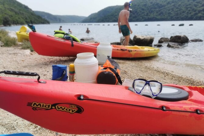Kayaking Experience in Lim Bay Sea in The Croatian Fjord - The beach stop in the middle of the bay